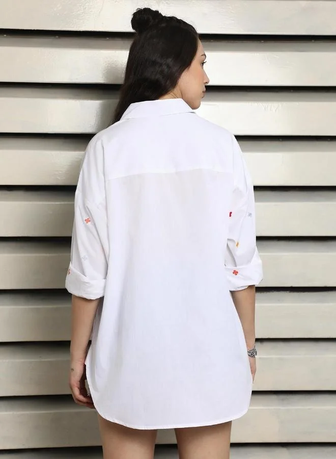 HIGH STAR Women's White 100% Cotton Embroidered Button Down Oversized Shirt